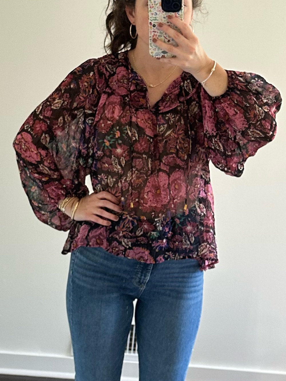 Cleobella Floral Peasant Blouse Boho Sheer Tie Neck Top | Size S
